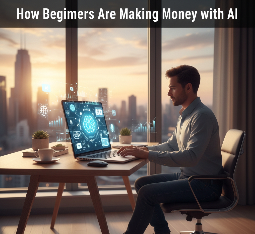 Beginners making money online using AI tools for blogging, YouTube automation, and digital products in 2026.