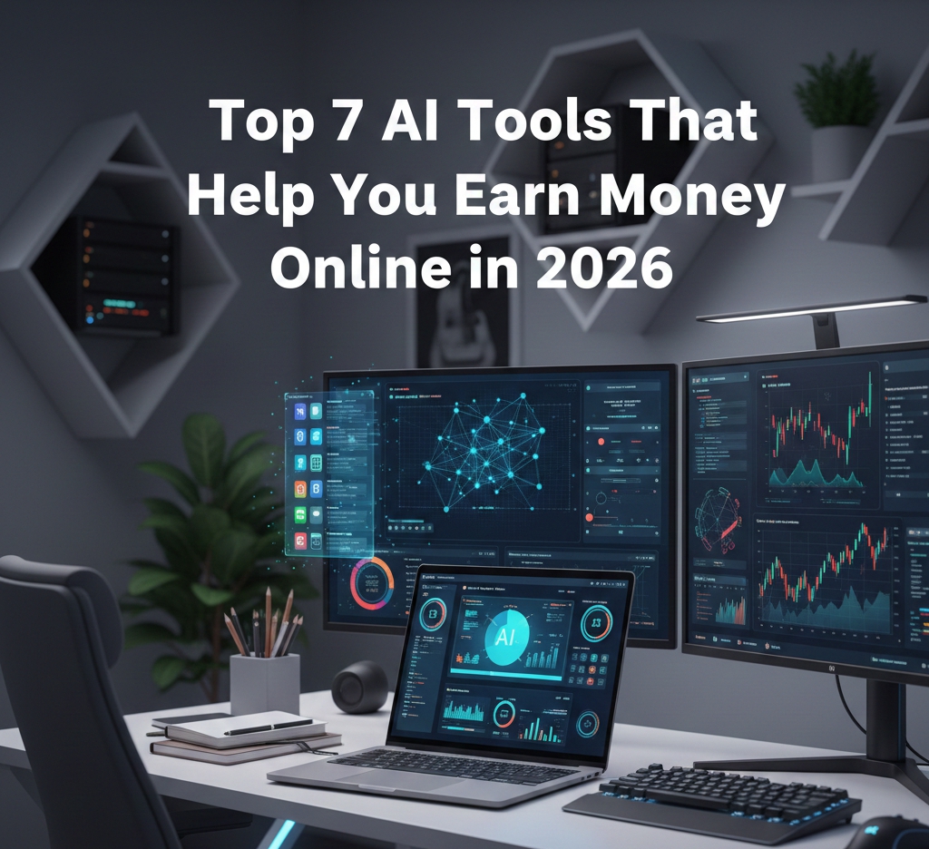 Workspace with AI dashboards, laptop, and digital income icons, showing how beginners can make money online using AI tools in 2026.