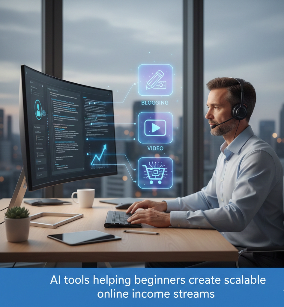 Person working remotely with AI tools for blogging, YouTube automation, and digital products to create online income in 2026.