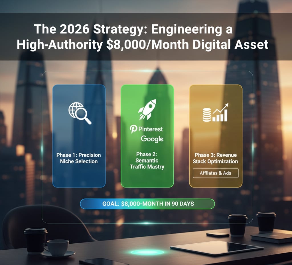 A high-quality infographic showing a 3-phase strategy for building an $8,000 per month blog, including niche selection, semantic traffic mastery via Pinterest and Google, and revenue stack optimization for Tier-1 markets like USA and Canada.