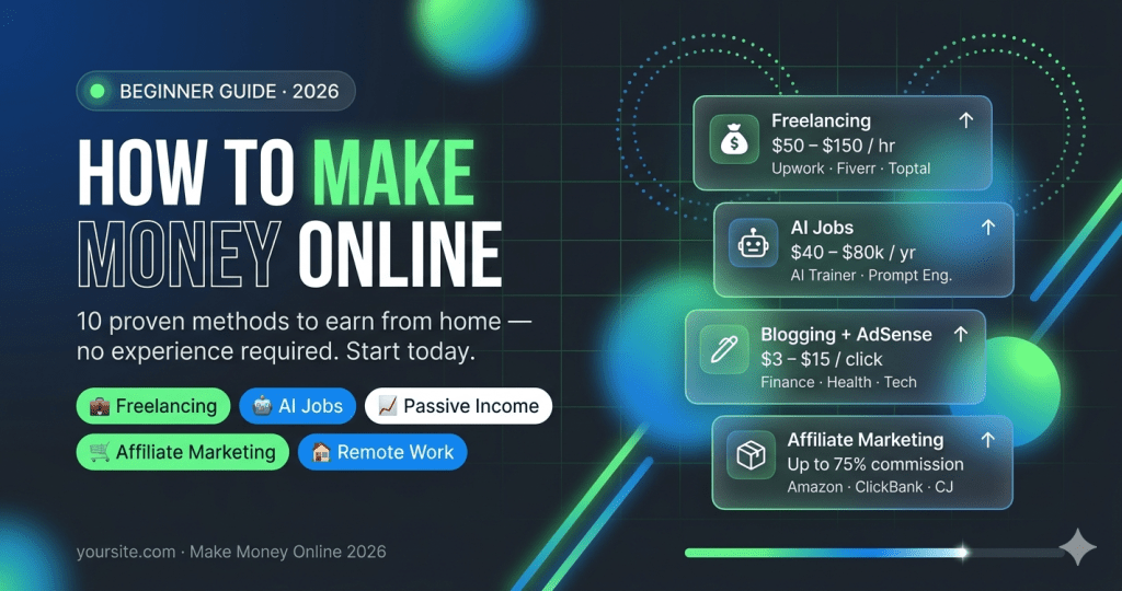 How to make money online in 2026 – beginner guide showing laptop and income methods
