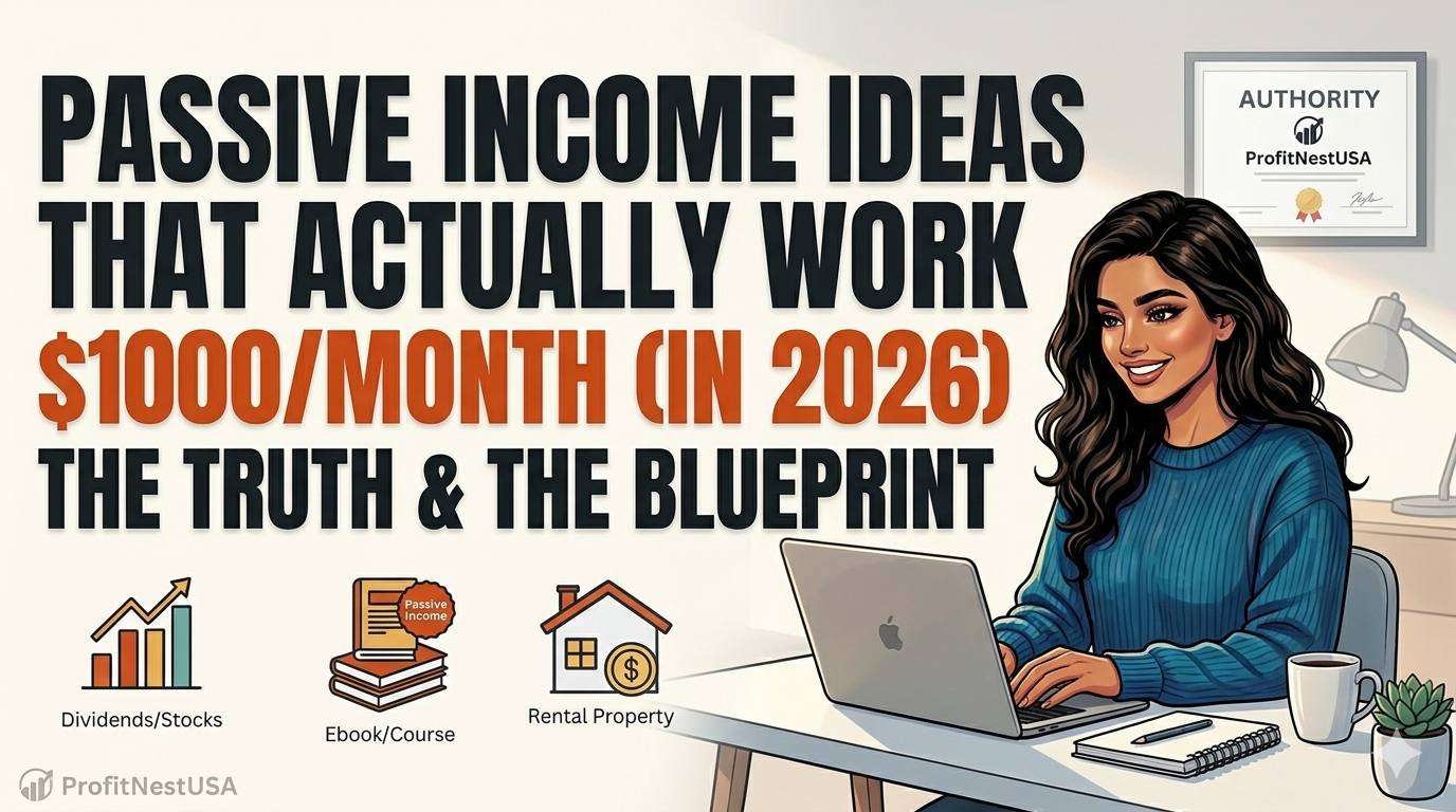 A professional woman working on a laptop at a bright desk, presenting realistic passive income ideas and business strategies for ProfitNestUSA in 2026.