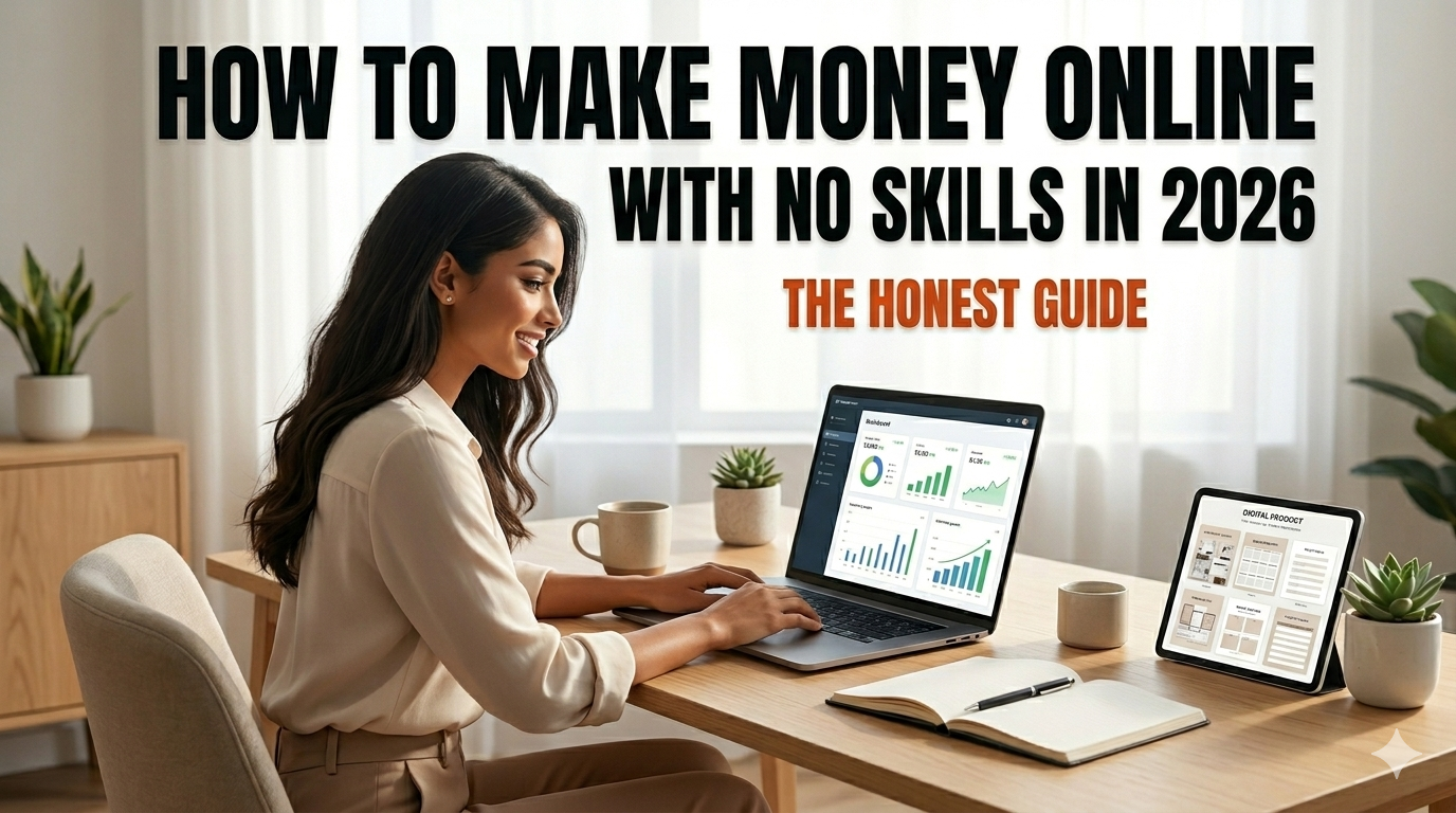 A professional woman working comfortably on a laptop in a bright USA home office workspace, representing achievable online income without specialized skills in 2026