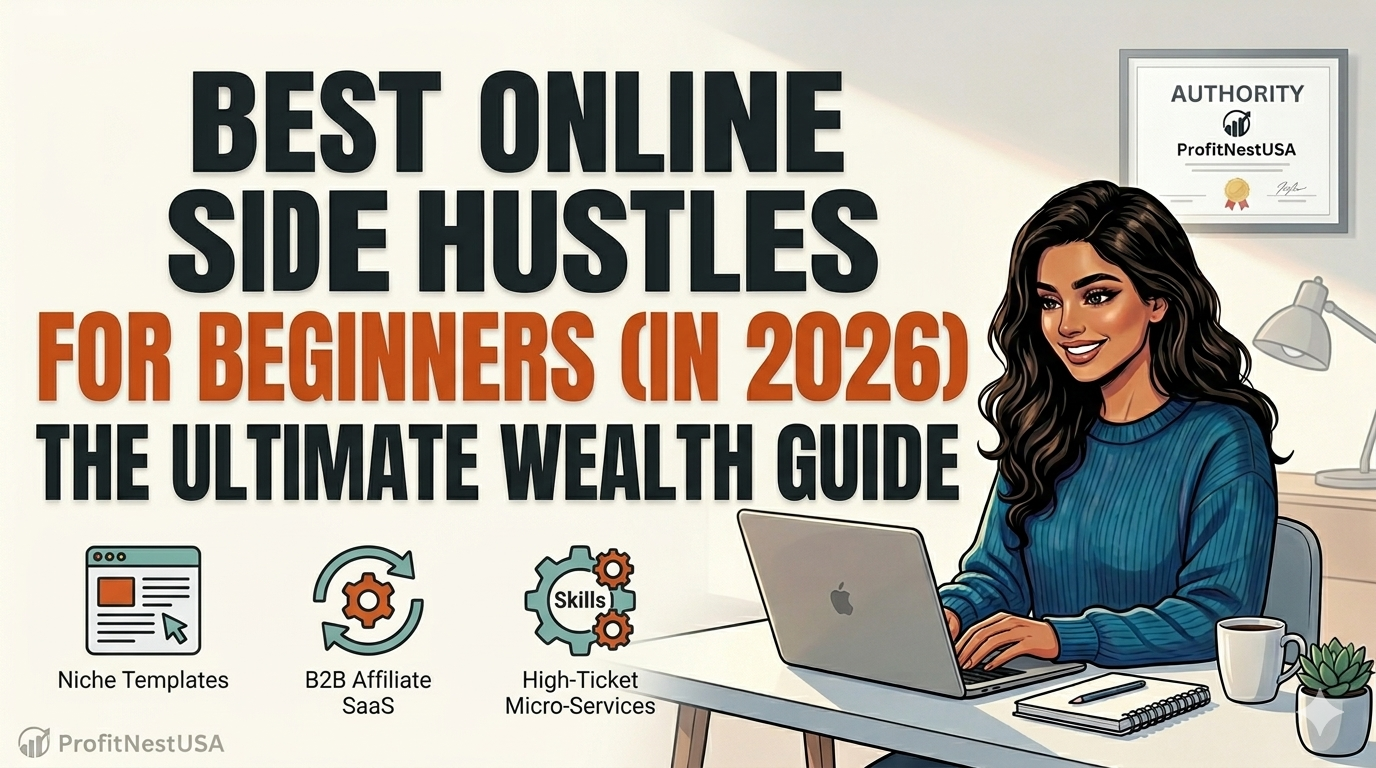 A detailed infographic showing successful online side hustles like Niche Templates and B2B Affiliate SaaS, presented by a confident woman at her laptop, tailored for beginners in 2026.