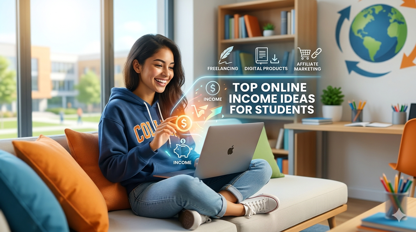 A college student smiling while working on a laptop on a couch, with digital icons for freelancing, digital products, and affiliate marketing, titled Top Online Income Ideas for Students