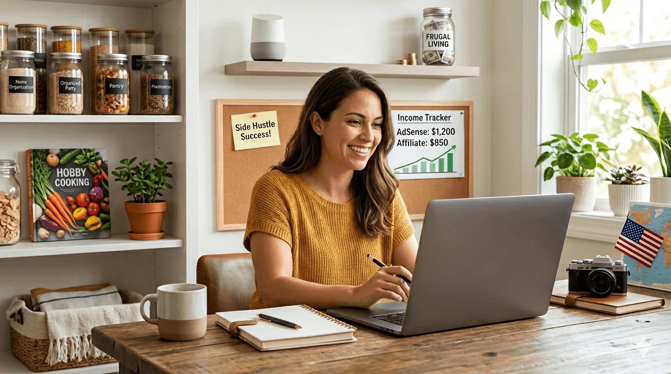 A smiling woman in a bright, modern home office, working on a blank laptop with surrounding shelves displaying an organized pantry, a "Hobby Cooking" book, plants, and a corkboard detailing successful income tracking ($1200 AdSense, $850 Affiliate).
