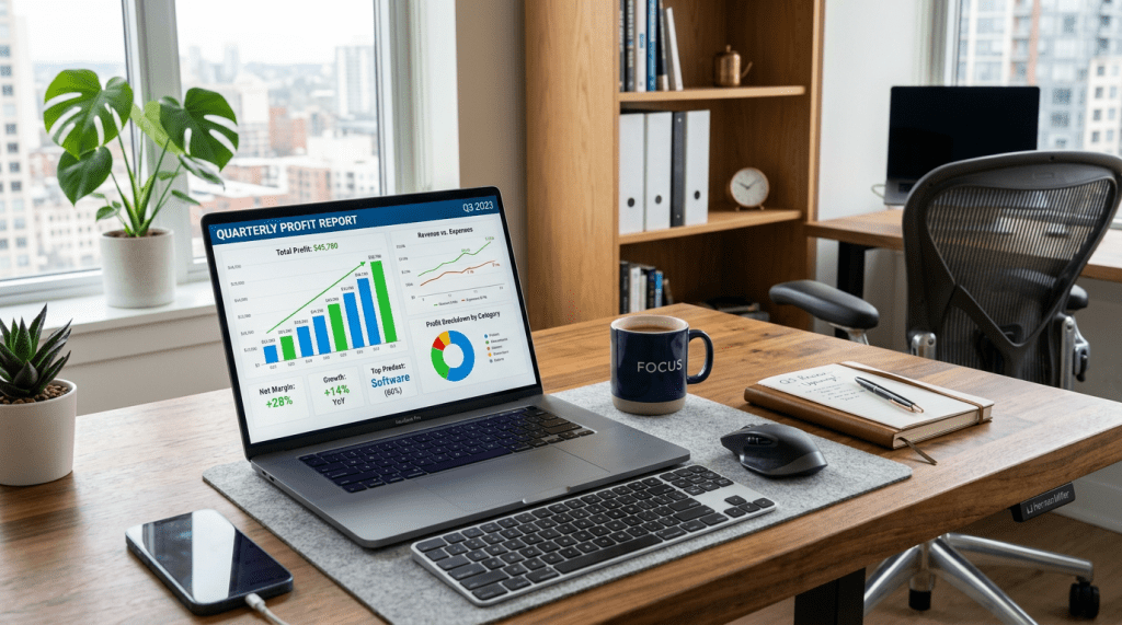 Laptop showing quarterly profit report with charts and graphs on an office desk