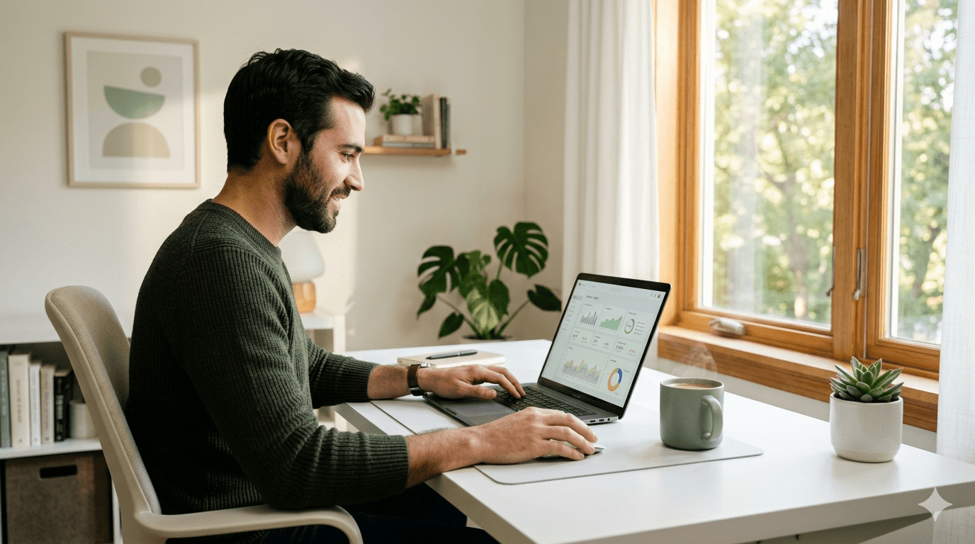 Person working remotely on a laptop at home earning income online in the USA